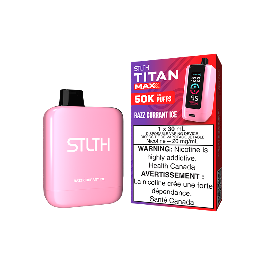 STLTH Titan MAX 50K, Razz Currant Ice flavour, quad mesh coil technology, adjustable airflow, USB-C charging, premium disposable vape, ideal for Ontario and Quebec vapers.