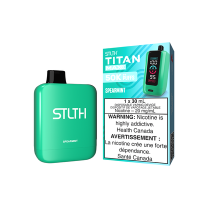 STLTH Titan MAX 50K disposable vape, Spearmint flavour, adjustable airflow, LED mega screen, long-lasting battery, ideal for vapers in Ontario and Quebec.