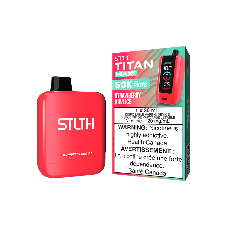 STLTH Titan MAX 50K, Strawberry Kiwi Ice flavour, smooth nicotine strength, delivering a balanced sweet and fruity vape experience, ideal for Ontario and Quebec customers.