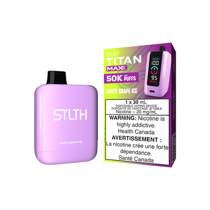 STLTH Titan MAX 50K disposable vape, White Grape Ice flavour, quad mesh coil, adjustable airflow, 30mL long-lasting e-liquid capacity, perfect for Ontario and Quebec vapers.