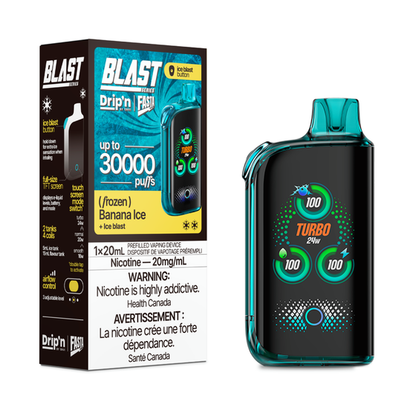 DRIP'N Fasta Blast 30K, Banana Ice flavour, adjustable cooling and airflow for a smooth customized vape, ideal for Ontario and Quebec vapers.