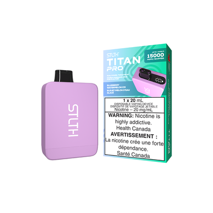 STLTH Titan PRO disposable vape, Blueberry Watermelon Ice flavour, featuring dual vertical mesh coils, adjustable airflow, rechargeable 900mAh battery, up to 15,000 puffs, premium vaping device for Ontario and Quebec users.