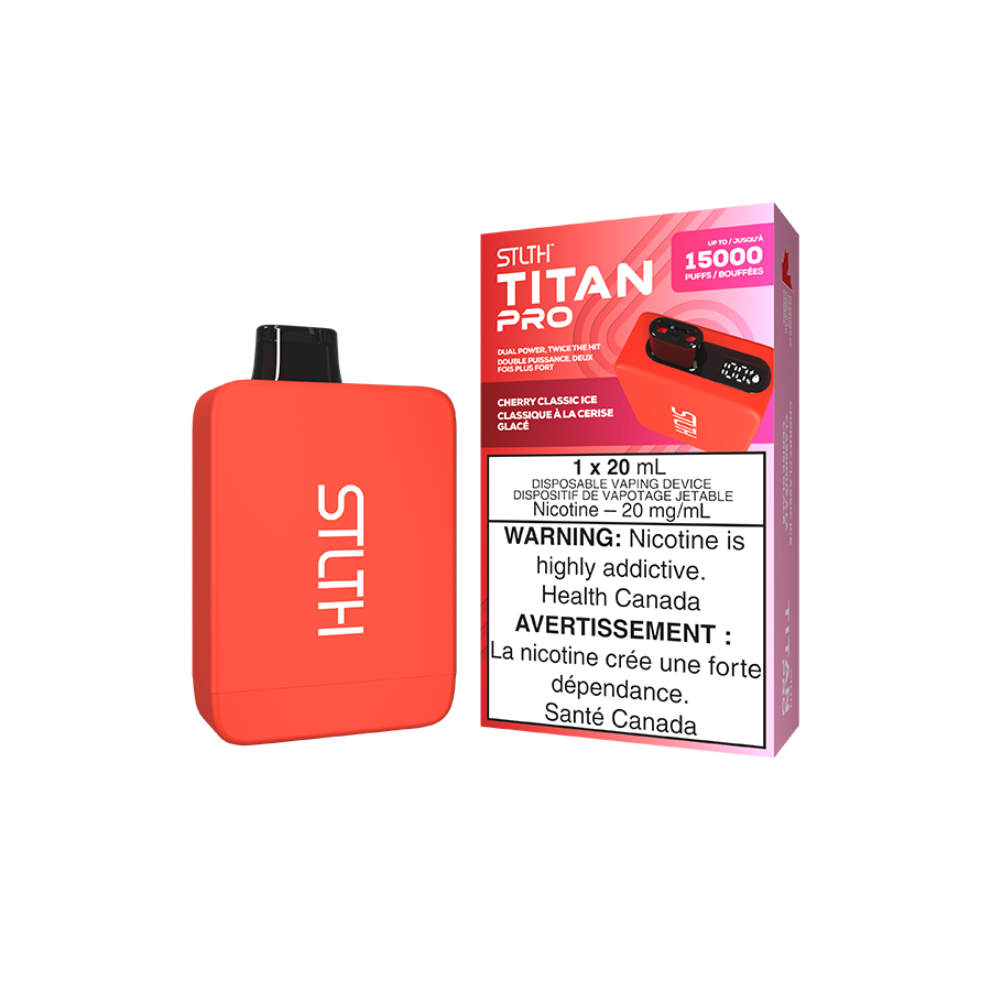 STLTH Titan PRO, Cherry Classic Ice flavour, powerful dual mesh coil hits, smooth vaping experience, designed for vapers in Ontario and Quebec.