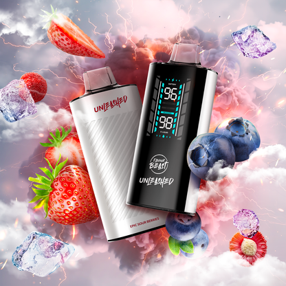Flavour Beast Unleashed DCP 20K, Epic Blue Razz flavour, dual-coil vape device delivering smooth, rich taste with up to 20,000 puffs, ideal for long-lasting satisfaction for Ontario and Quebec vapers.