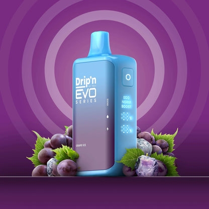 DRIP'N Evo 28K, Blueberry Swirl flavour, customizable Eco, Normal, and Boost modes delivering up to 28,000 puffs, ideal for Ontario and Quebec vapers.