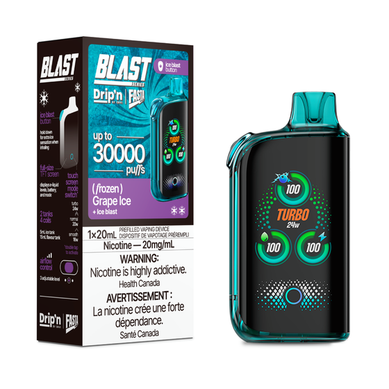 DRIP'N Fasta Blast 30K, Grape Ice flavour with dynamic cooling and adjustable airflow, smooth and flavorful vape for Ontario and Quebec vapers.