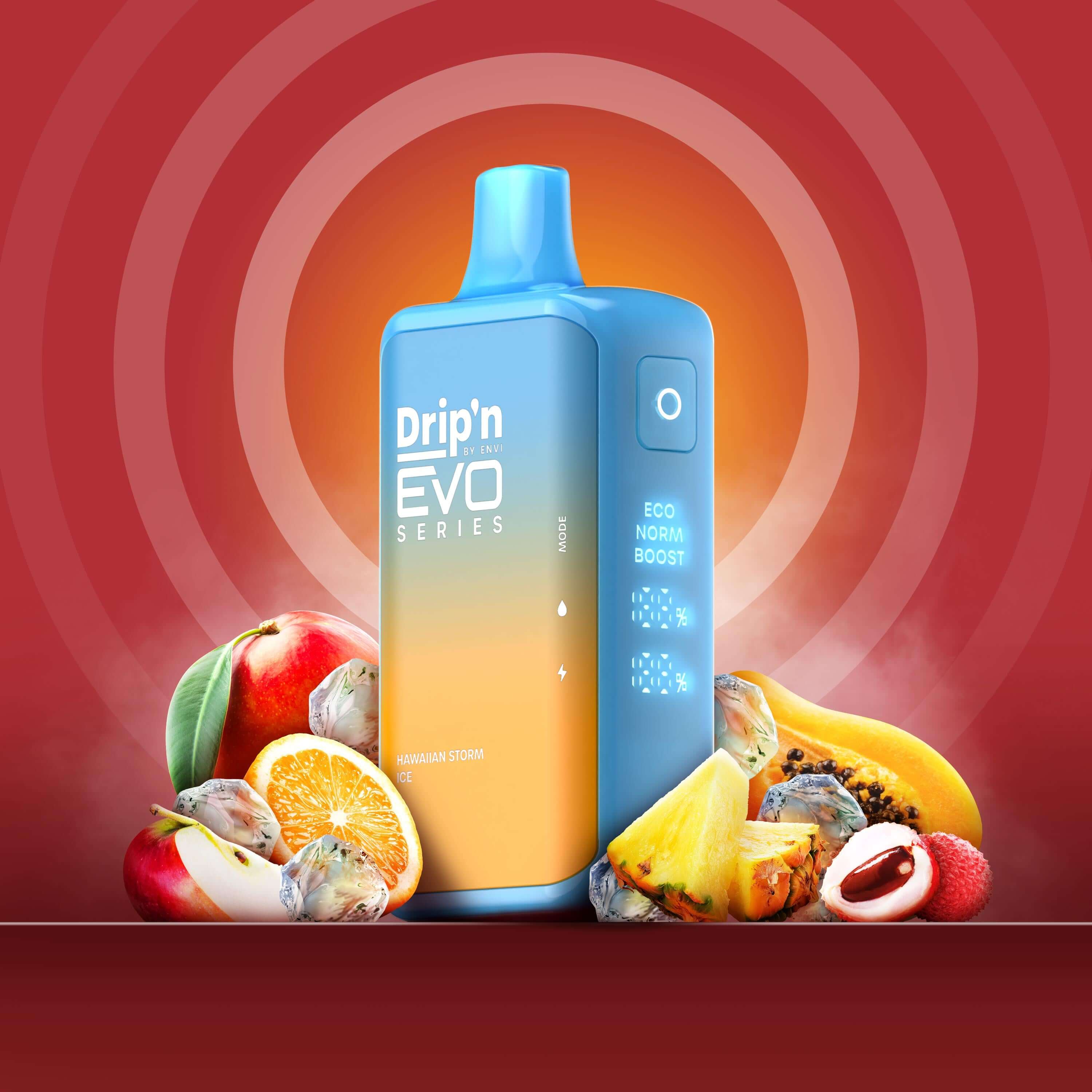 DRIP'N Evo 28K, Raspberry Blast Ice flavour, adjustable modes for smooth and enduring vaping satisfaction, designed for Ontario and Quebec consumers.