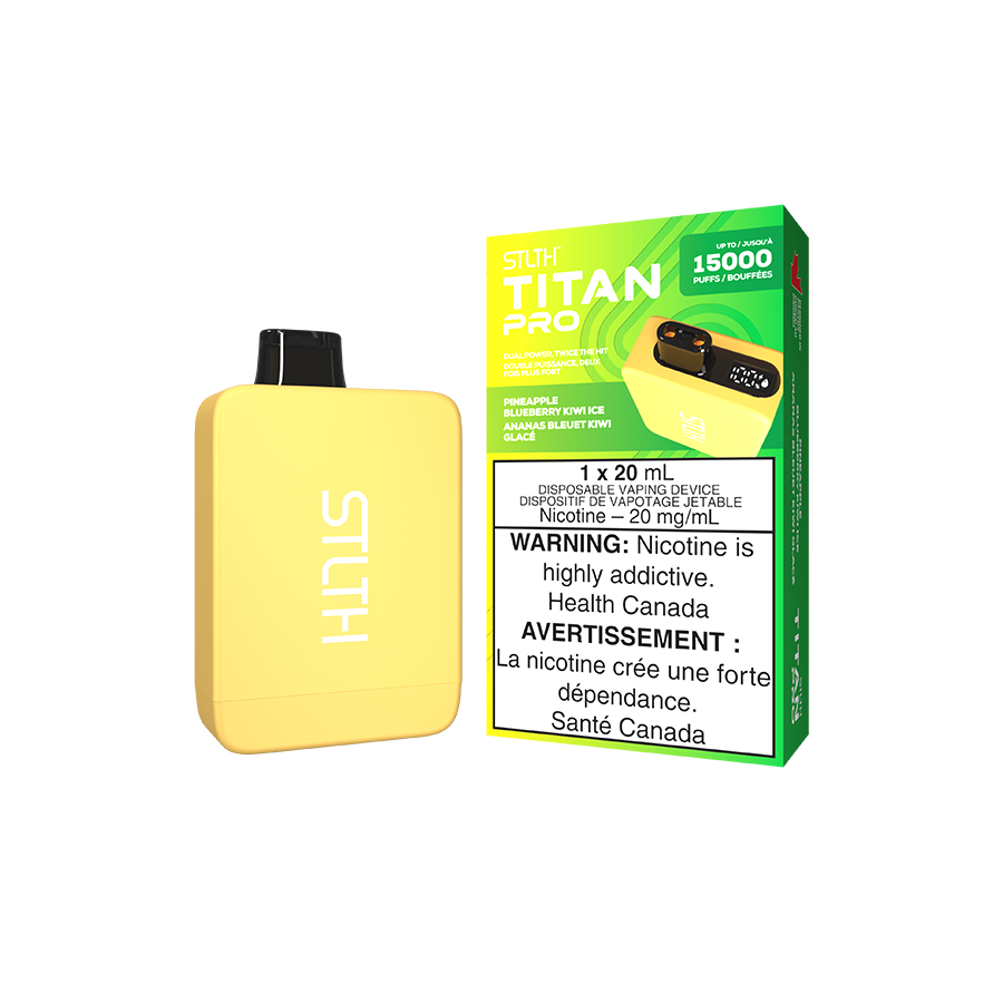 STLTH Titan PRO, Pineapple Blueberry Kiwi Ice flavour, dual mesh coils, rechargeable battery with up to 15,000 puffs, ideal for Ontario and Quebec vapers