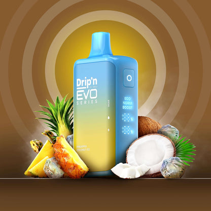 DRIP'N Evo 28K, Raspberry Peach Mango Ice flavour, up to 28,000 puffs with three vaping modes, high-performance disposable vape, perfect for Ontario and Quebec vape enthusiasts.