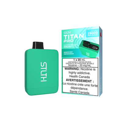 STLTH Titan PRO, Smooth Mint flavour, dual mesh coils with adjustable airflow, rechargeable 900mAh battery for robust and refreshing vape, ideal for Ontario and Quebec users.
