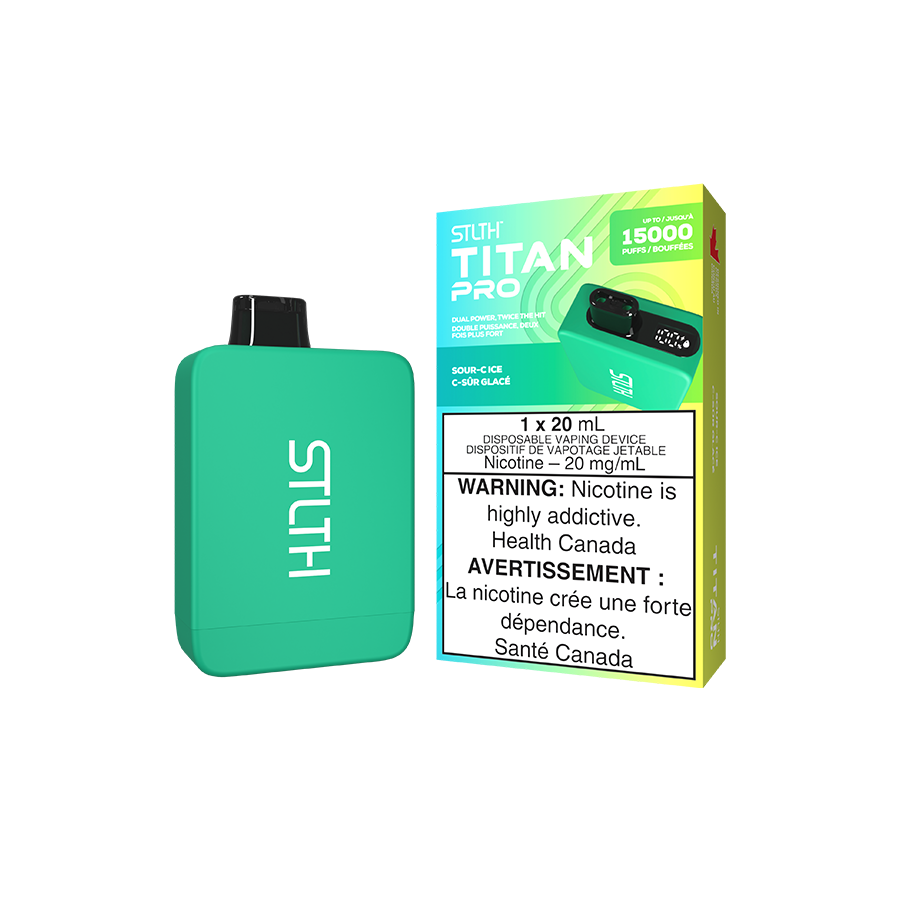 STLTH Titan PRO, Sour C Ice flavour, smooth nicotine intensity, dual mesh coils with adjustable airflow for consistent hits, designed for vapers in Ontario and Quebec.