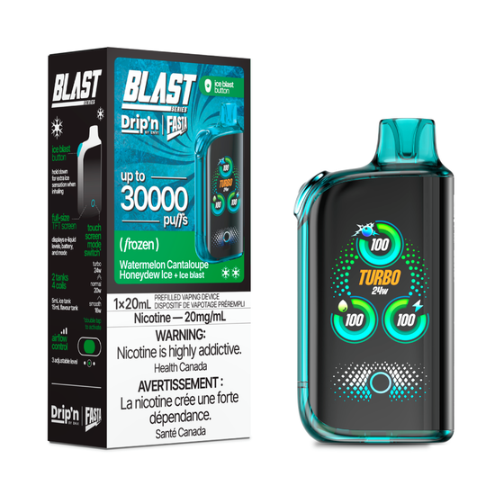 DRIP'N Fasta Blast 30K Watermelon Ice flavour disposable vape with adjustable cooling and nicotine strength, refreshing and customizable, perfect for Ontario and Quebec vapers.