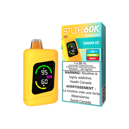 STLTH 60K Disposable vape, Banana Ice flavour, upgraded screen, fast USB Type-C charging, ideal for Ontario and Quebec vapers seeking ease and flavour variety.