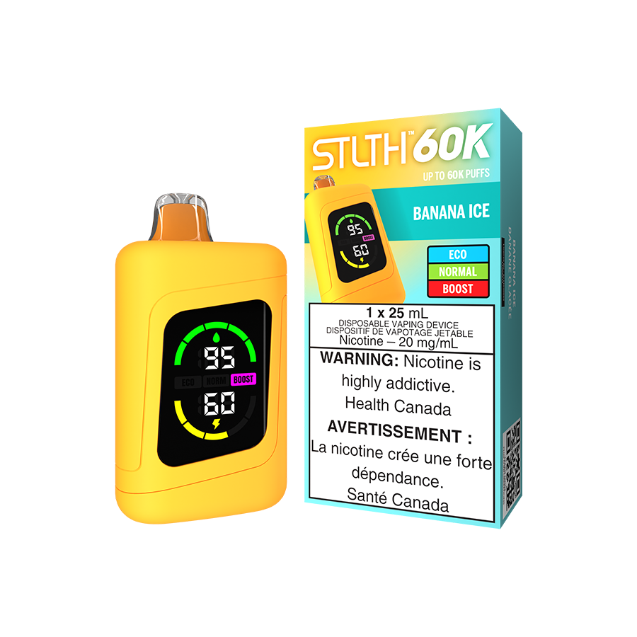 STLTH 60K Disposable vape, Banana Ice flavour, upgraded screen, fast USB Type-C charging, ideal for Ontario and Quebec vapers seeking ease and flavour variety.