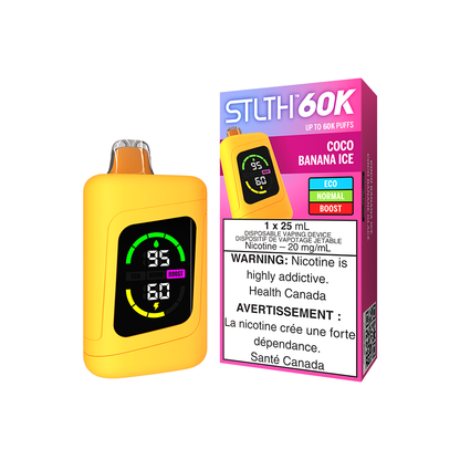 STLTH 60K disposable vape, Coco Banana Ice flavour, upgraded screen with USB Type-C recharge, premium nicotine device for Ontario and Quebec vapers.