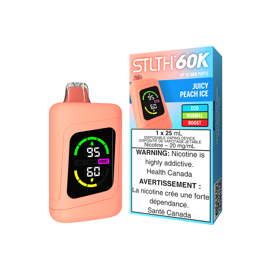 STLTH 60K, Juicy Peach Ice flavour, fast USB Type-C charging, easy-to-monitor nicotine levels, perfect for Ontario and Quebec vapers seeking convenience and great taste.