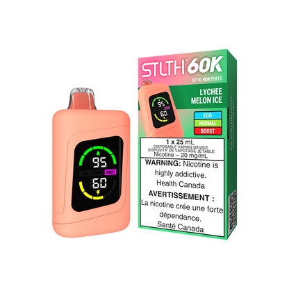 STLTH 60K Disposable vape, Lychee Melon Ice flavour, featuring a large screen and USB Type-C fast charging for smooth vaping experience, ideal for Ontario and Quebec vapers.