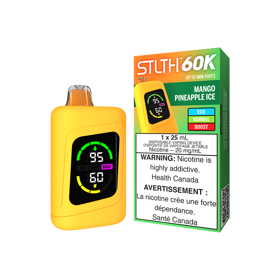 STLTH 60K disposable vape, Mango Pineapple Ice flavour, upgraded display with USB-C charging, ideal for Ontario and Quebec vapers.