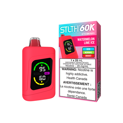 STLTH 60K, Watermelon Lime Ice flavour, refreshing and smooth nicotine delivery, convenient and long-lasting vaping device, designed for Ontario and Quebec users.