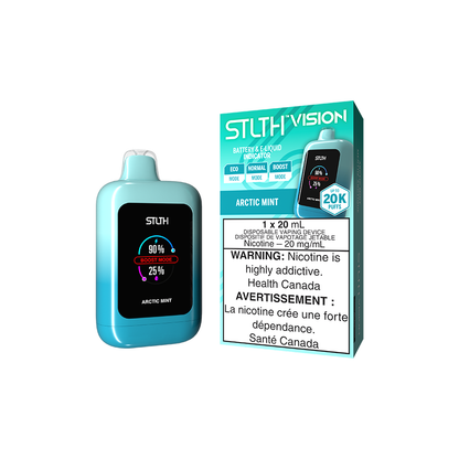 STLTH Vision 20K, Arctic Mint flavour, adjustable power modes with up to 20,000 puffs, premium disposable vaping device ideal for Ontario and Quebec customers.