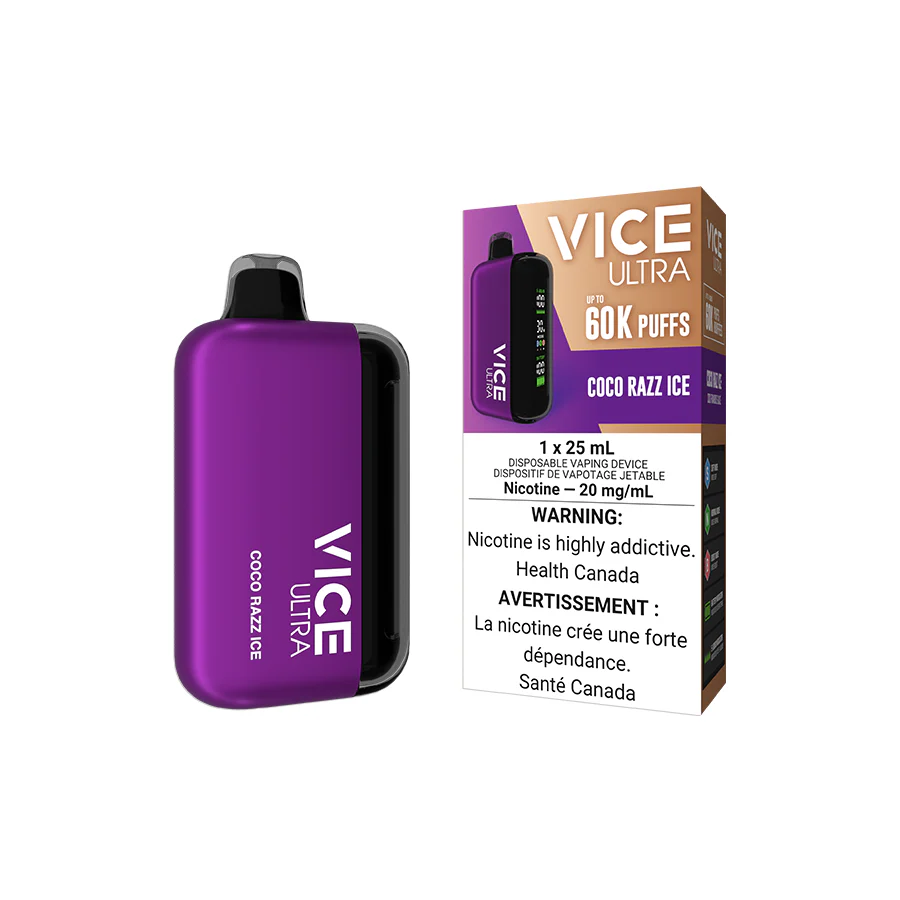 VICE Ultra, Coco Razz Ice flavour, customizable three-mode output, USB-C rechargeable battery, long-lasting vaping device for Ontario and Quebec users.