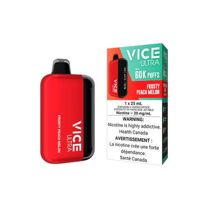 VICE Ultra Frosty Peach Melon flavor, 60,000 puffs, adjustable airflow, rechargeable battery, premium vaping device for Ontario and Quebec users.