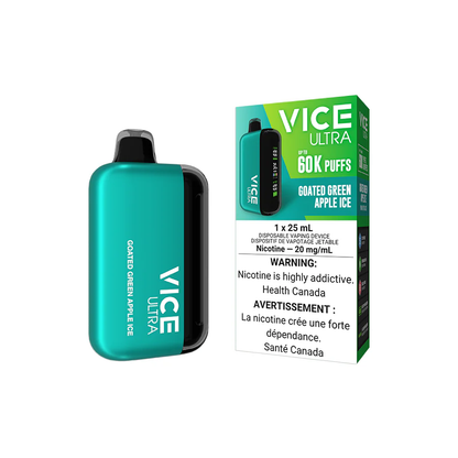 VICE Ultra vape device, Goated Green Apple Ice flavour, adjustable airflow, three output modes, exceptional vaping experience, designed for Ontario and Quebec users.