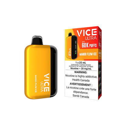 VICE Ultra Mango Flow Ice flavour vape device, 60,000 puffs rechargeable battery, adjustable airflow, multiple output modes for personalized vaping experience in Ontario and Quebec.