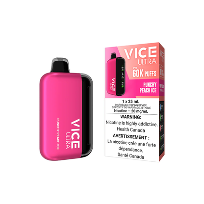 VICE Ultra, Punchy Peach Ice flavour, customizable nicotine levels, up to 60,000 puffs, fast USB-C charging, designed for Ontario and Quebec vapers.