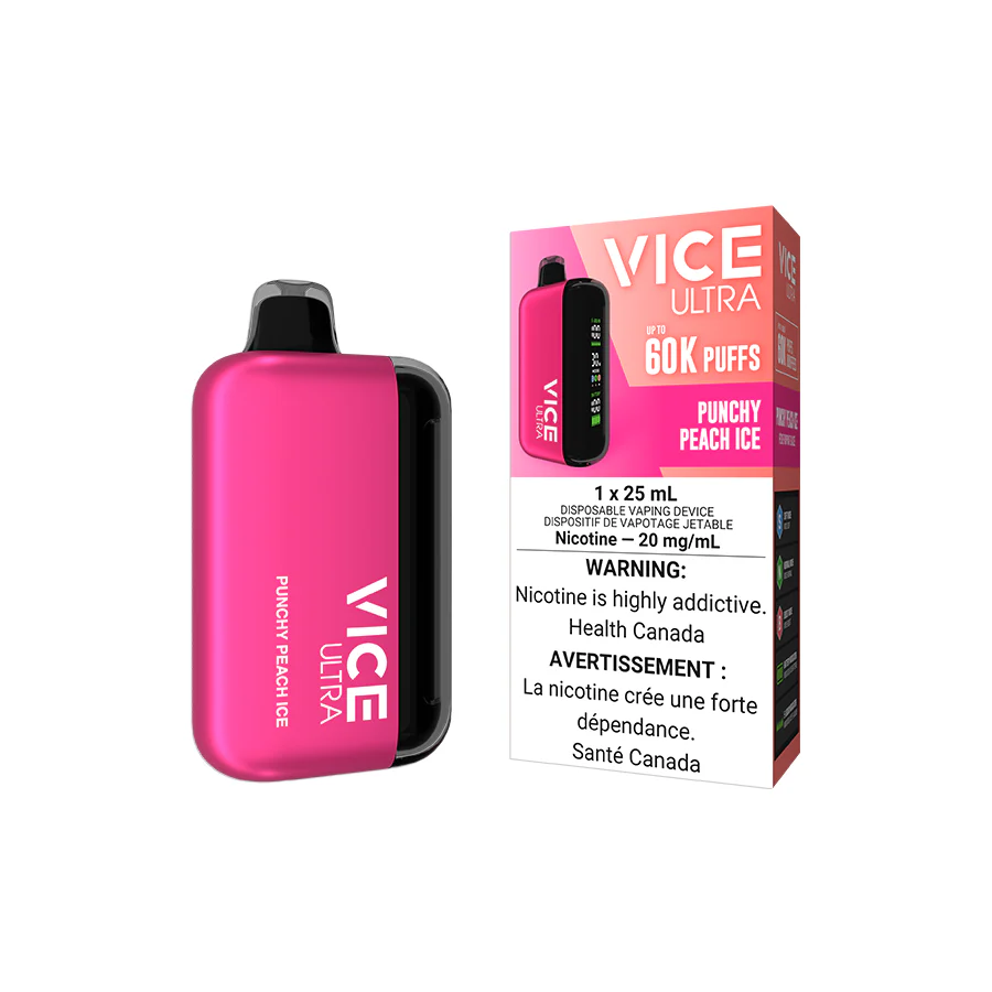 VICE Ultra, Punchy Peach Ice flavour, customizable nicotine levels, up to 60,000 puffs, fast USB-C charging, designed for Ontario and Quebec vapers.