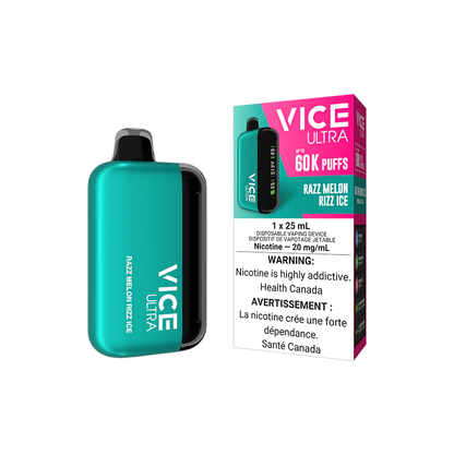 VICE Ultra, Razz Melon Rizz Ice flavour, customizable boost modes, long-lasting 60,000 puffs, intense and refreshing vape, designed for Ontario and Quebec vapers.