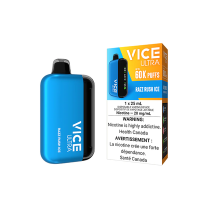VICE Ultra, Razz Rush Ice flavour, adjustable airflow and three power modes for a robust and tailored vaping experience, ideal for Ontario and Quebec users.