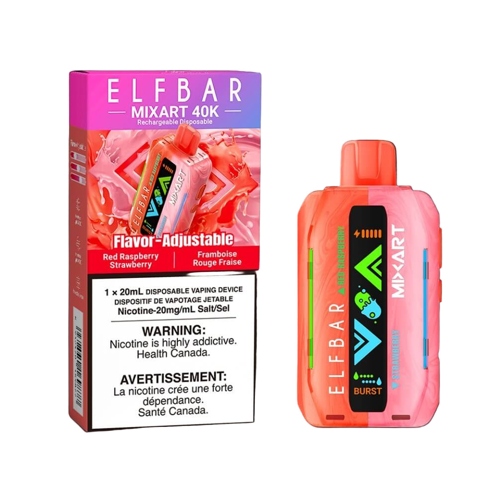 Elf Bar MixArt 40K Disposable Vape, Red Raspberry Strawberry flavour, 20mg nicotine strength, dual-flavour disposable vape designed for a bold and smooth vaping experience in Ontario and Quebec.