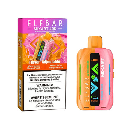 Elf Bar MixArt 40K Disposable Vape, Watermelon Mango Peach flavour with 20mg/mL nicotine strength, dual-flavour customizable vaping device, designed for vapers in Ontario and Quebec.