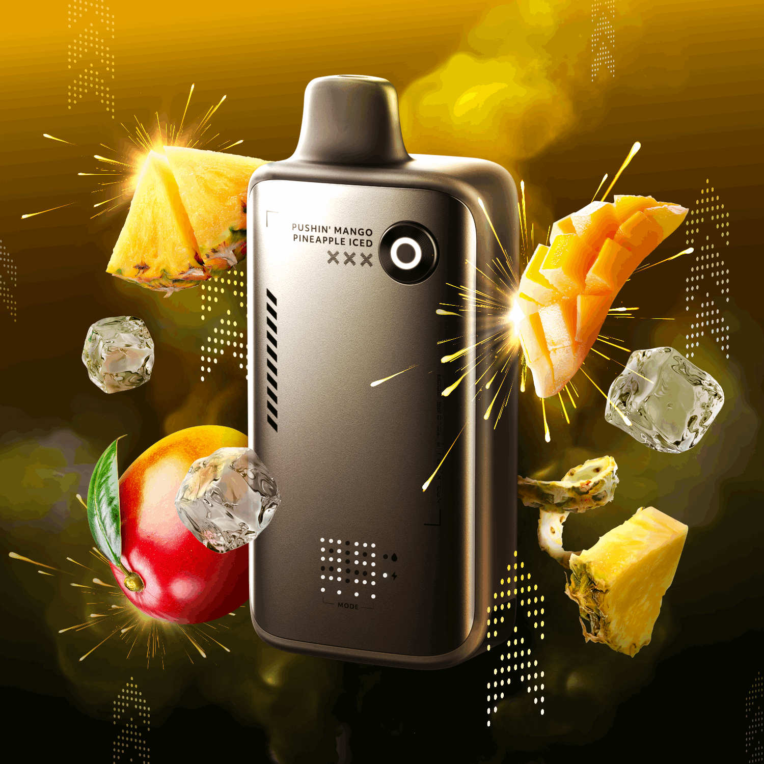 Flavor Beast ALPHA 20mg Pushin Mango Pineapple Iced with mango and pineapple graphics on a dark background
