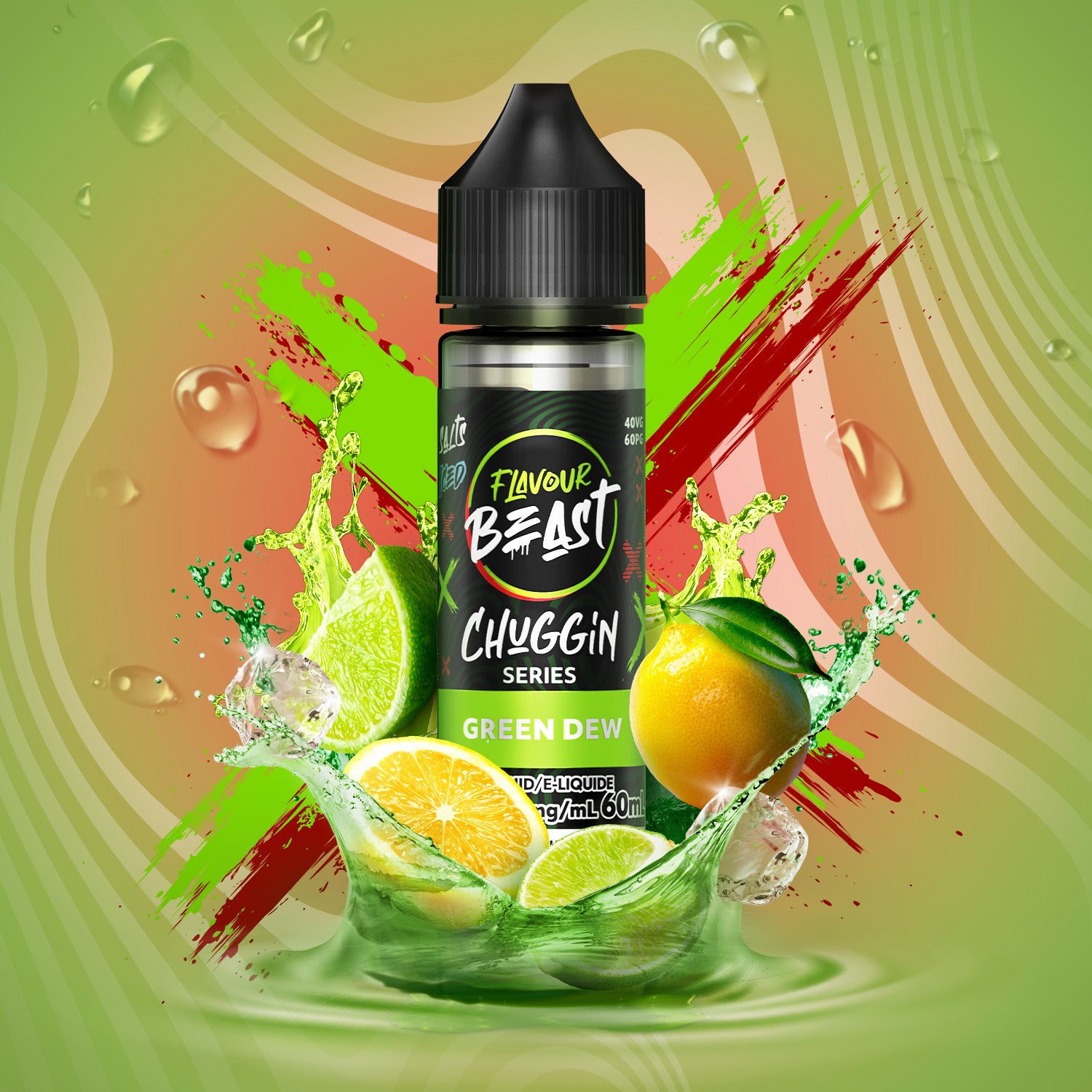 Flavour Beast Chuggin' Green Dew vape juice bottle with fruit graphics on a colorful background