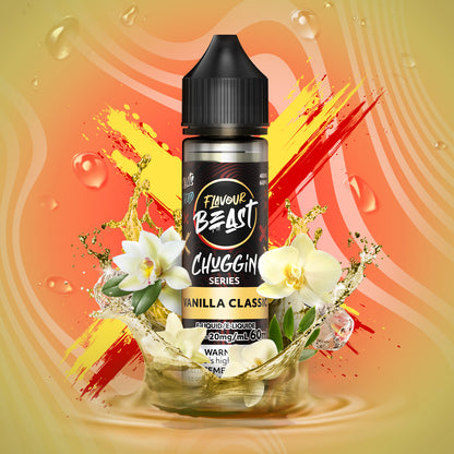 Flavour Beast Chuggin' Series Vanilla Classic vape juice bottle with floral elements on a colorful background