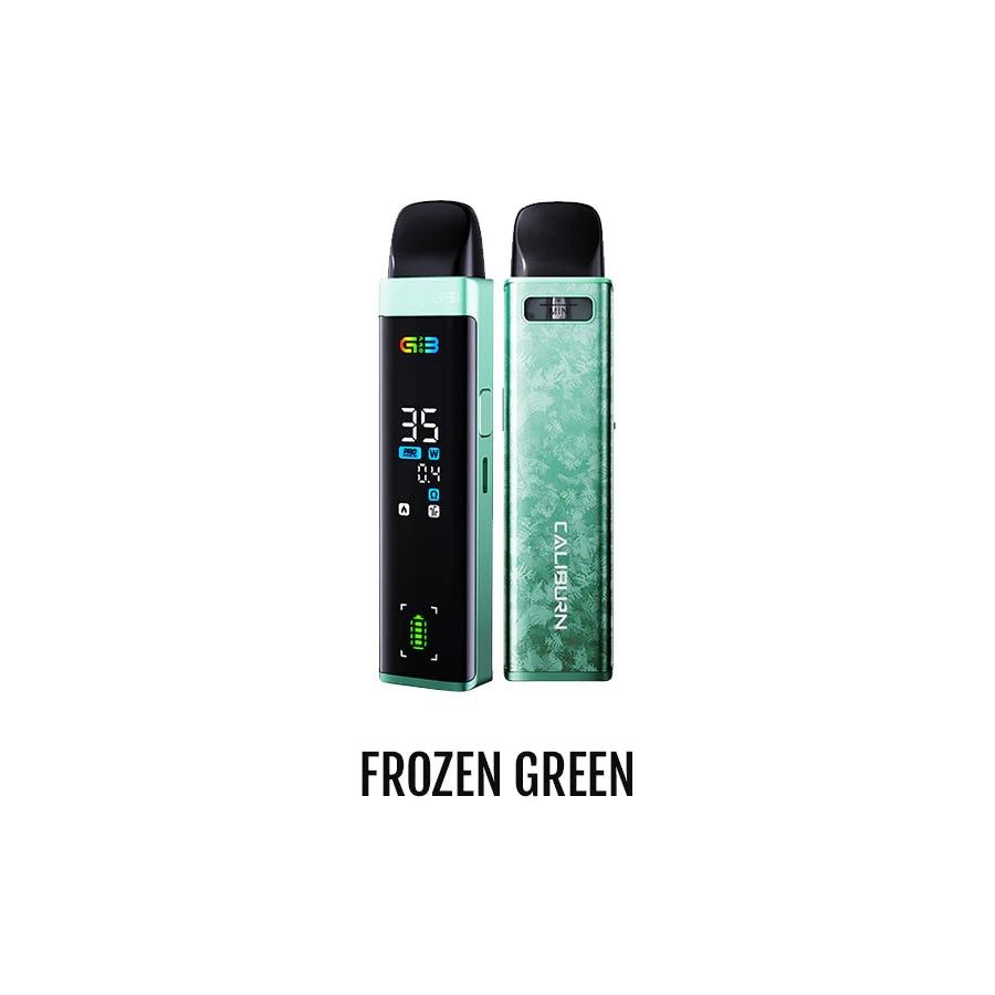 UWELL Caliburn G3 PRO Pod Kit, Pink Green zinc alloy design, 35W max output, 1000mAh battery, 2ml pod capacity with integrated mesh coils, draw or button activated firing system, clear LCD display, stylish and powerful pod kit for Ontario and Quebec vapers.