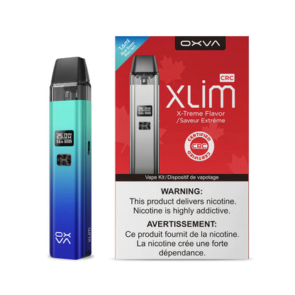 OXVA Xlim Blue Green pod system with 900mAh battery, adjustable wattage, and 2ml cartridge capacity for smooth vaping in Ontario and Quebec.