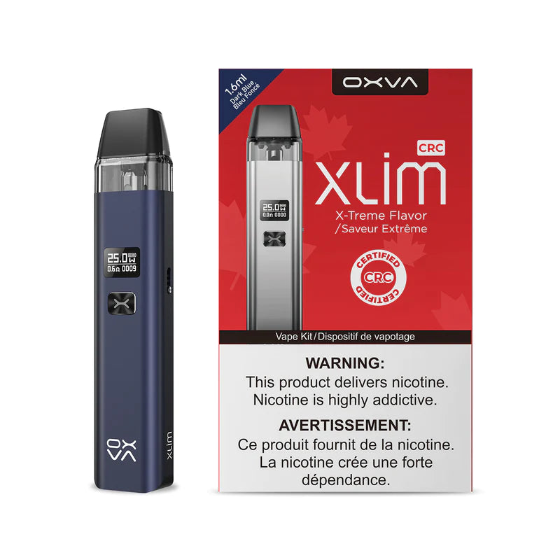 OXVA Xlim Dark Blue pod, 900mAh battery, 25W output, 2ml cartridge with adjustable airflow, precise vaping device for Ontario and Quebec users.