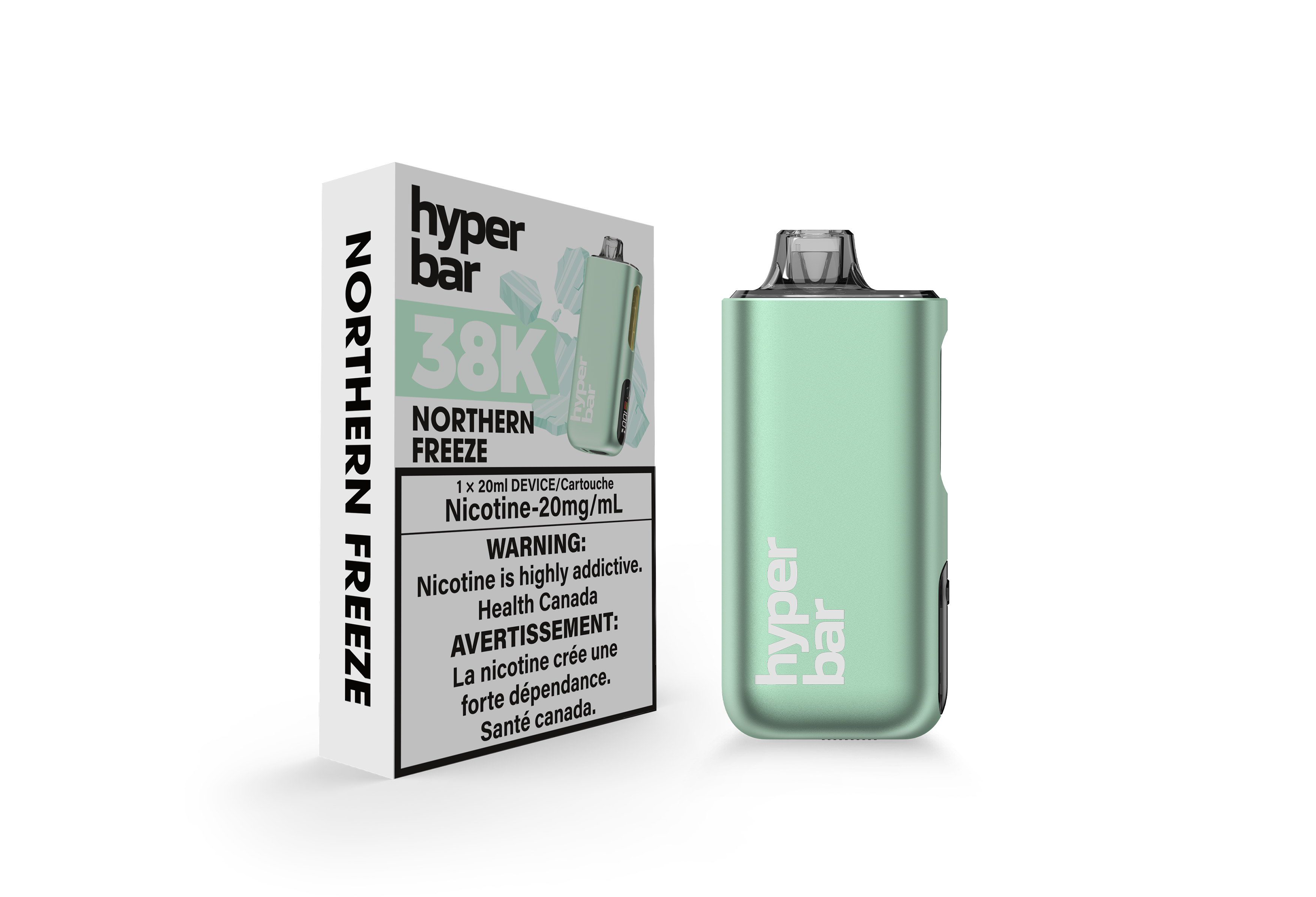 Hyperbar BE38000 Northern Freeze flavour disposable vape with 38,000 puff capacity, USB-C rechargeable battery, adjustable power modes, ideal for Ontario and Quebec vapers