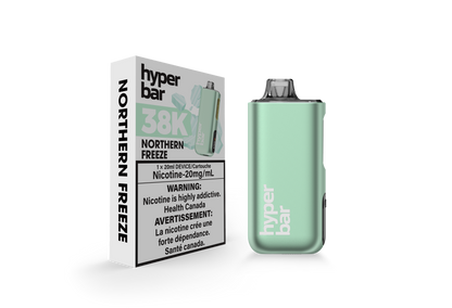 Hyperbar BE38000 Northern Freeze flavour disposable vape with 38,000 puff capacity, USB-C rechargeable battery, adjustable power modes, ideal for Ontario and Quebec vapers