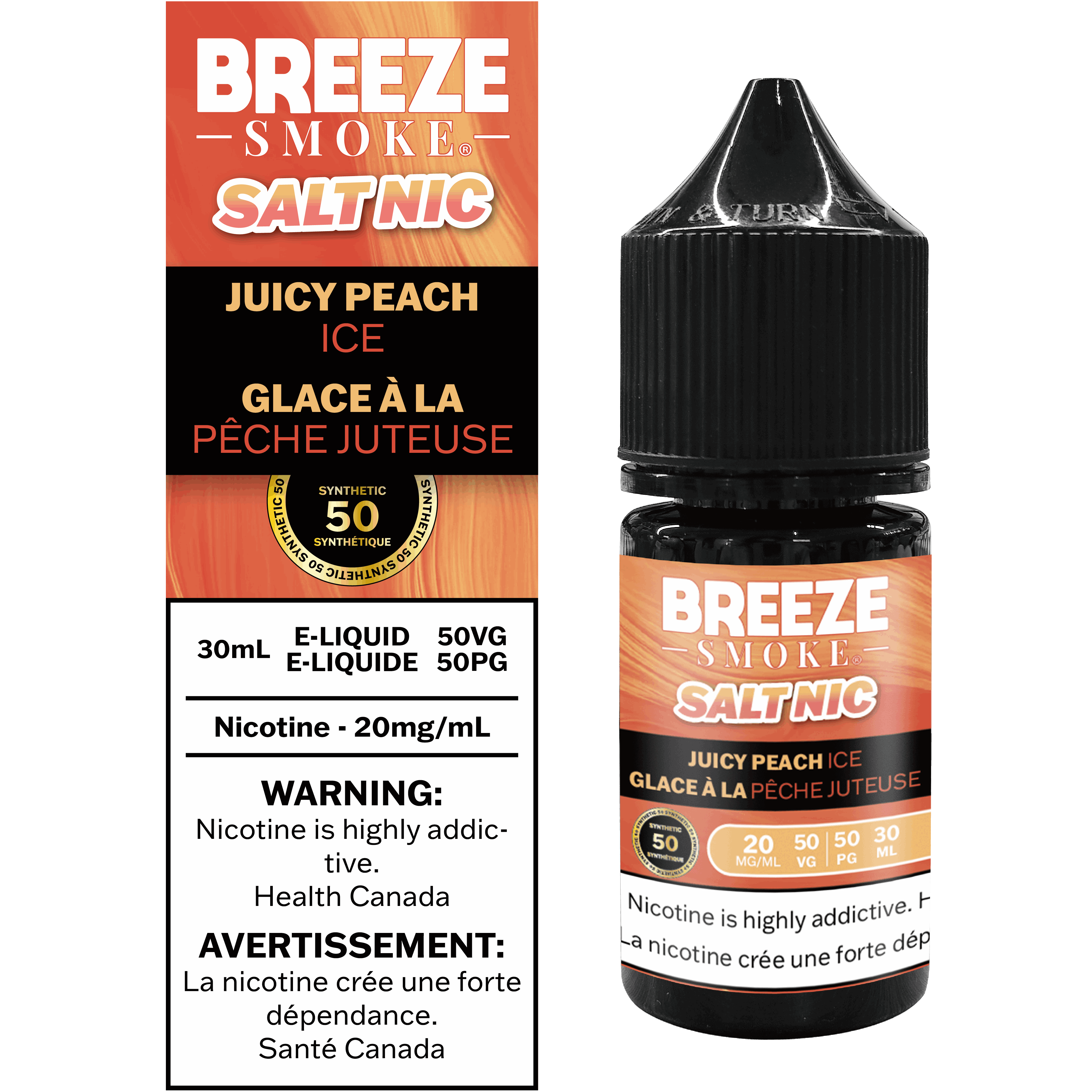 Breeze Smoke Salt Nic Juicy Peach Ice e-liquid bottle and packaging on a white background