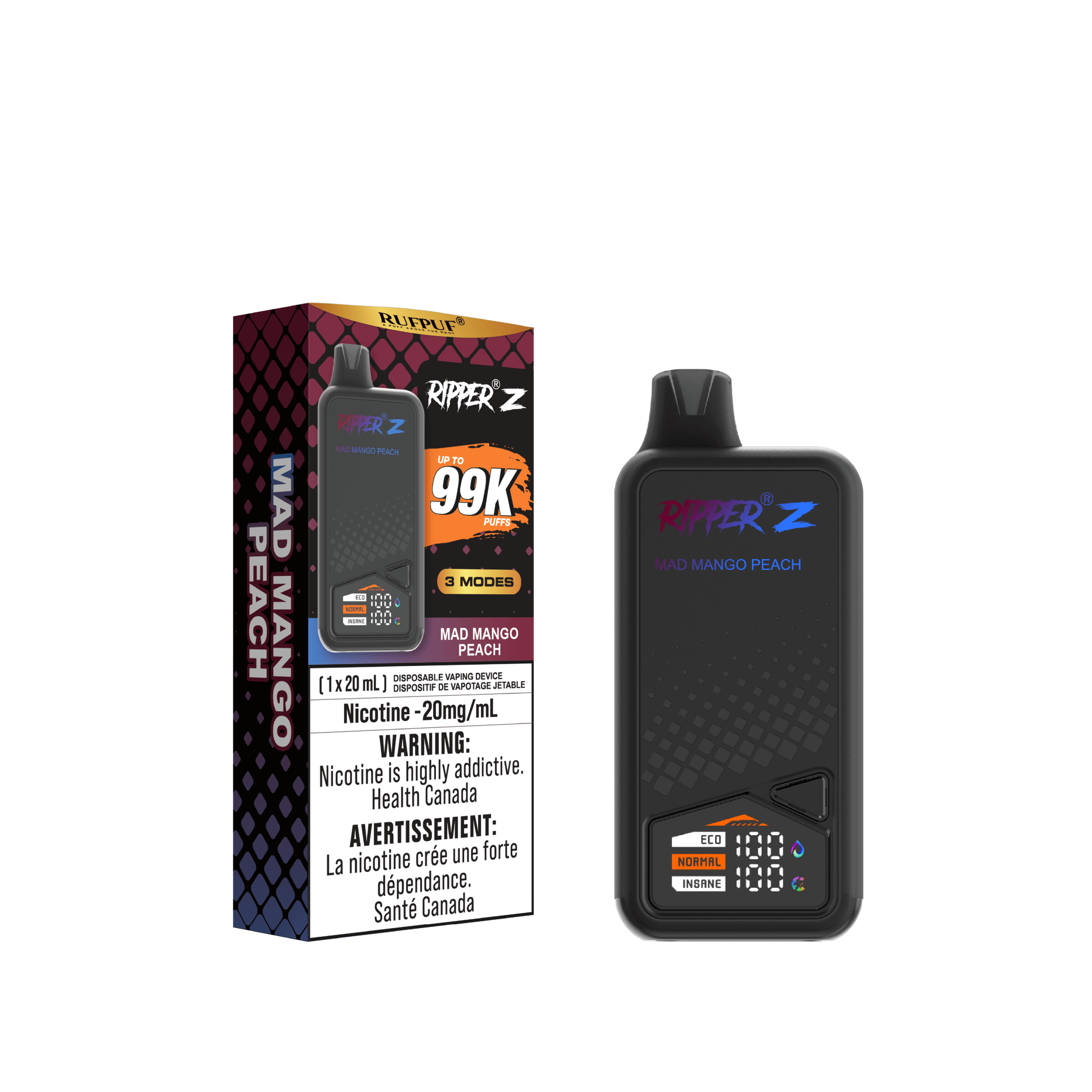 Ripper Z - 99K Disposable Vape with Mad Mango Peach flavor and warning label for nicotine addiction.