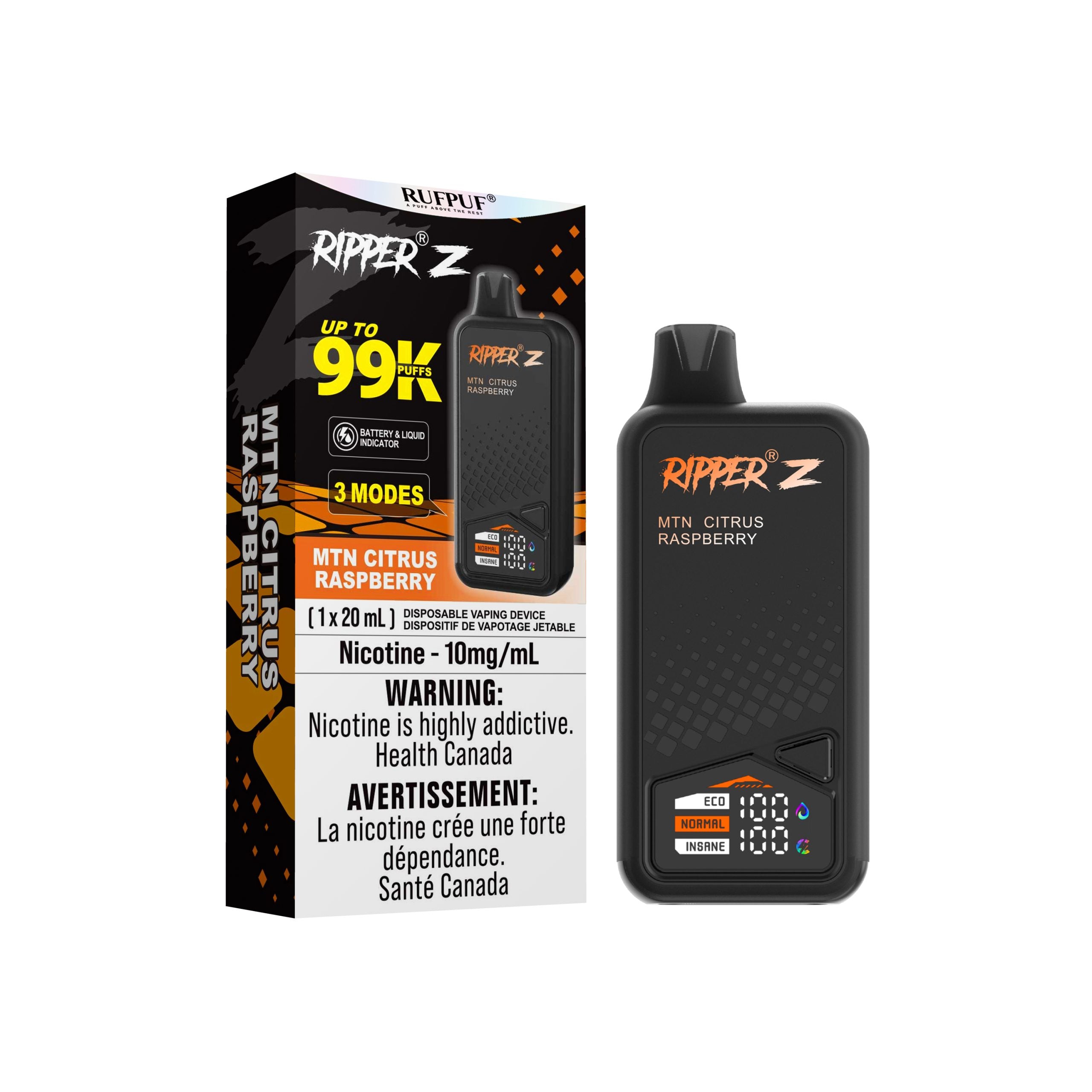 Ripper Z - 99K Disposable Vape with MTN Citrus Raspberry, featuring adjustable modes and 20ml capacity and 10mg nicotine.