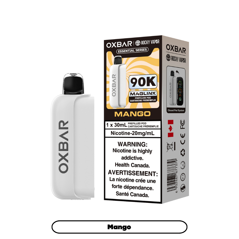 OXBAR 90K vape prerfilled pod device and packaging on a white background