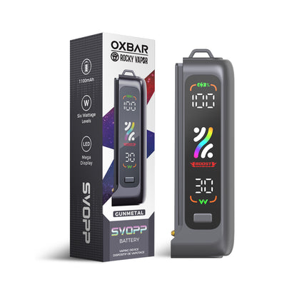 OXBAR Rocky Vapor SVOPP Device, Black, sleek design with adjustable wattage and dual mesh coil technology for premium flavor, ideal for vapers in Ontario and Quebec.