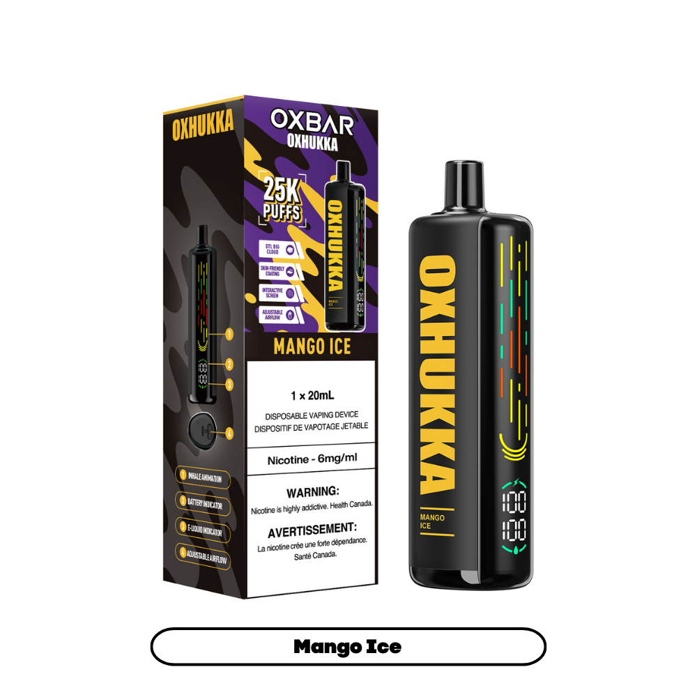 OXBAR Oxhukka, Mango Ice flavour with 20mg/mL nicotine strength, smooth and refreshing tropical vape experience, ideal for Ontario and Quebec customers.