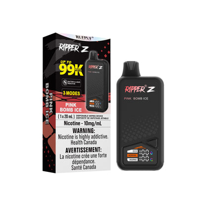 Ripper Z - 99K Disposable Vape with Pink Bomb Ice flavor, featuring adjustable modes and 20ml capacity and 10mg nicotine.