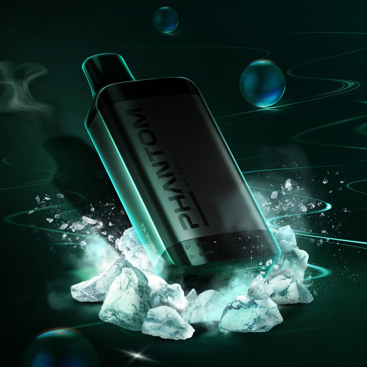 Vape device with 'PHANTOM' branding on ice cubes against a dark background